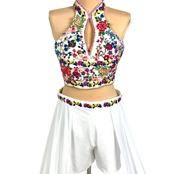 Custom 2PC Set Pageant Floral Embroidered Halter Top White Shorts Chiffon Skirt - Picture 2 of 10